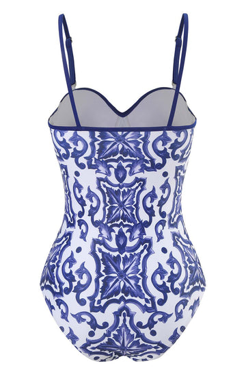 Porcelaine Bleue et Blanche Impression Taille Haute Maillot de bain une pièce